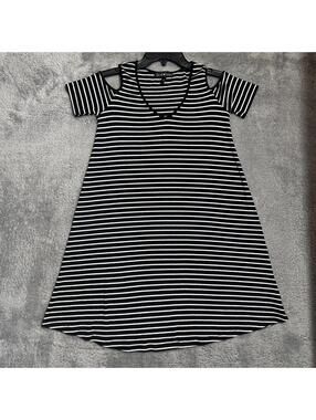 Derek Heart T-Shirt Dress Womens Small Black White Striped Cold Shoulder V-Neck
